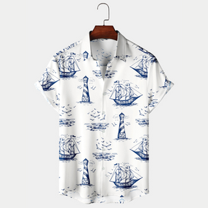 Blue Sailing, Lighthouse And Seagulls Pattern - Hawaiian Shirt