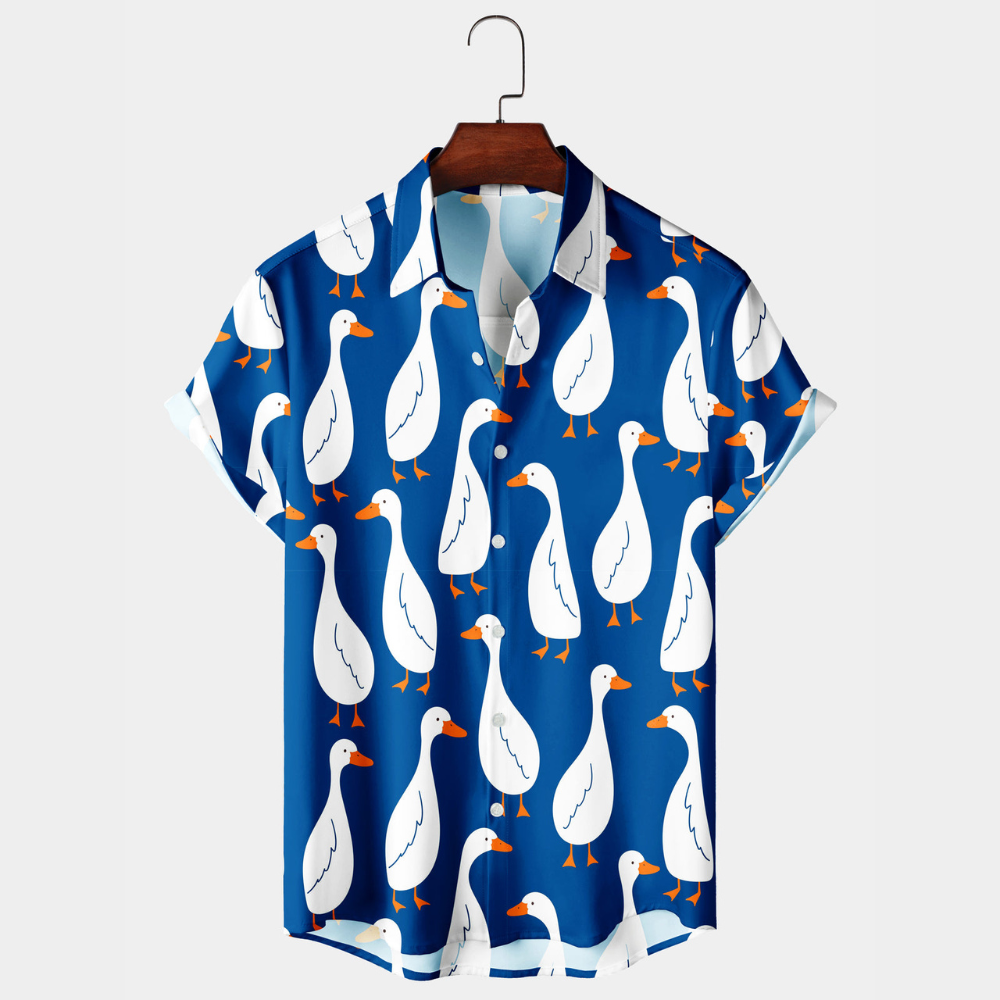 White Goose Blue Pattern - Hawaiian Shirt