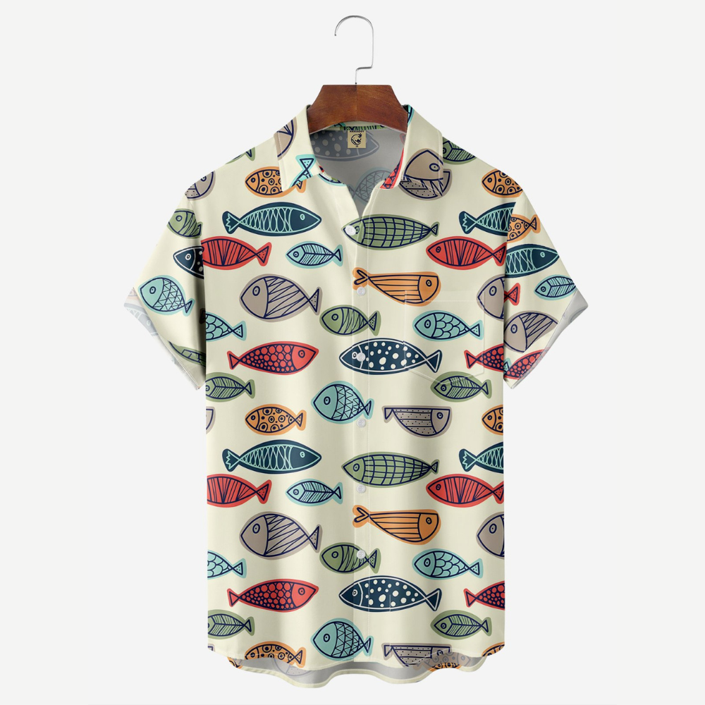 Colorful Ocean Fish Pattern Cream Apricot Color - Hawaiian Shirt