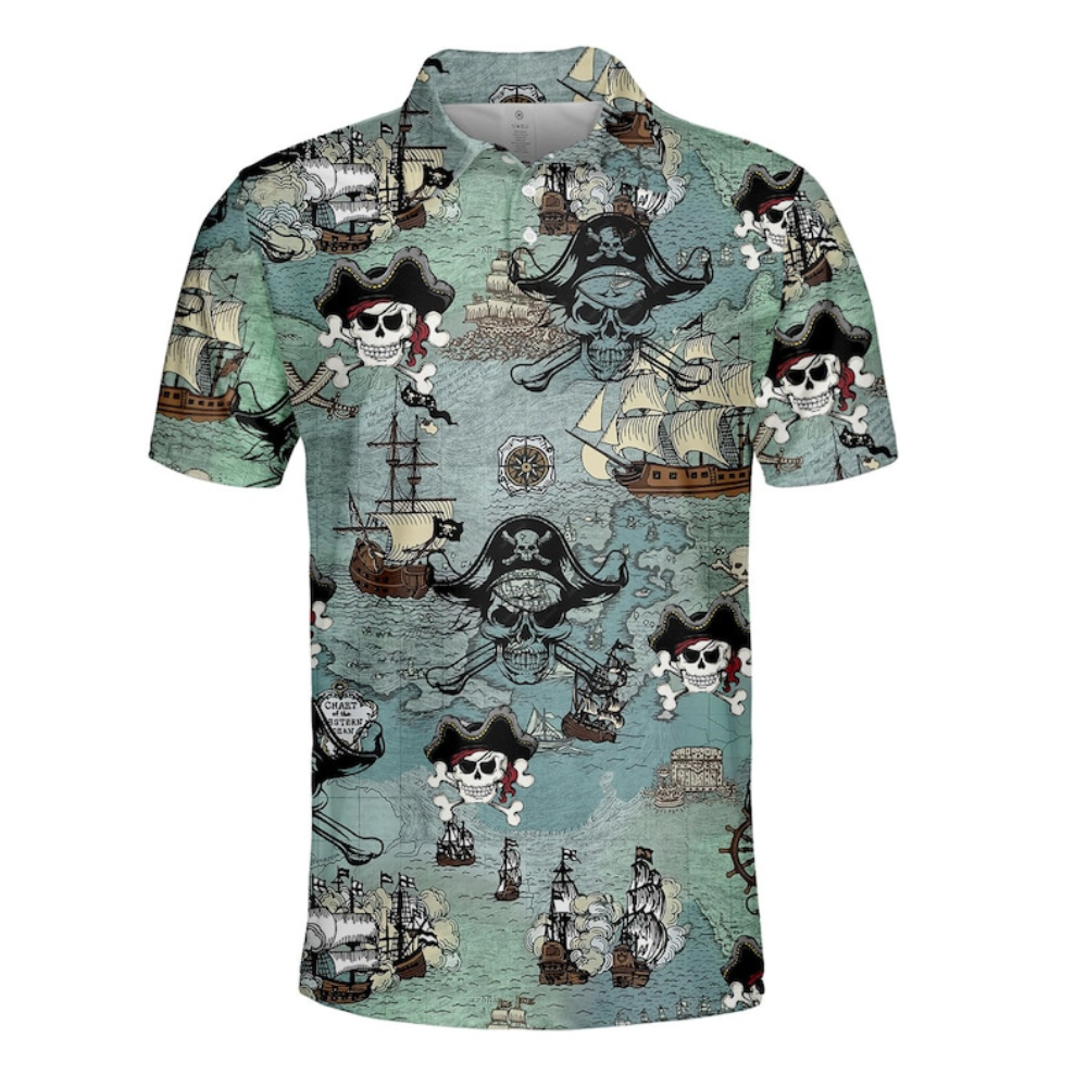 Blue Vintage Skull Pirate Finding Treasure - Men Polo Shirt