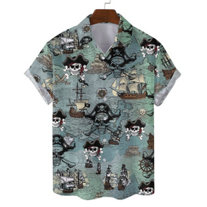 Blue Vintage Skull Pirate Finding Treasure - Hawaiian Shirt