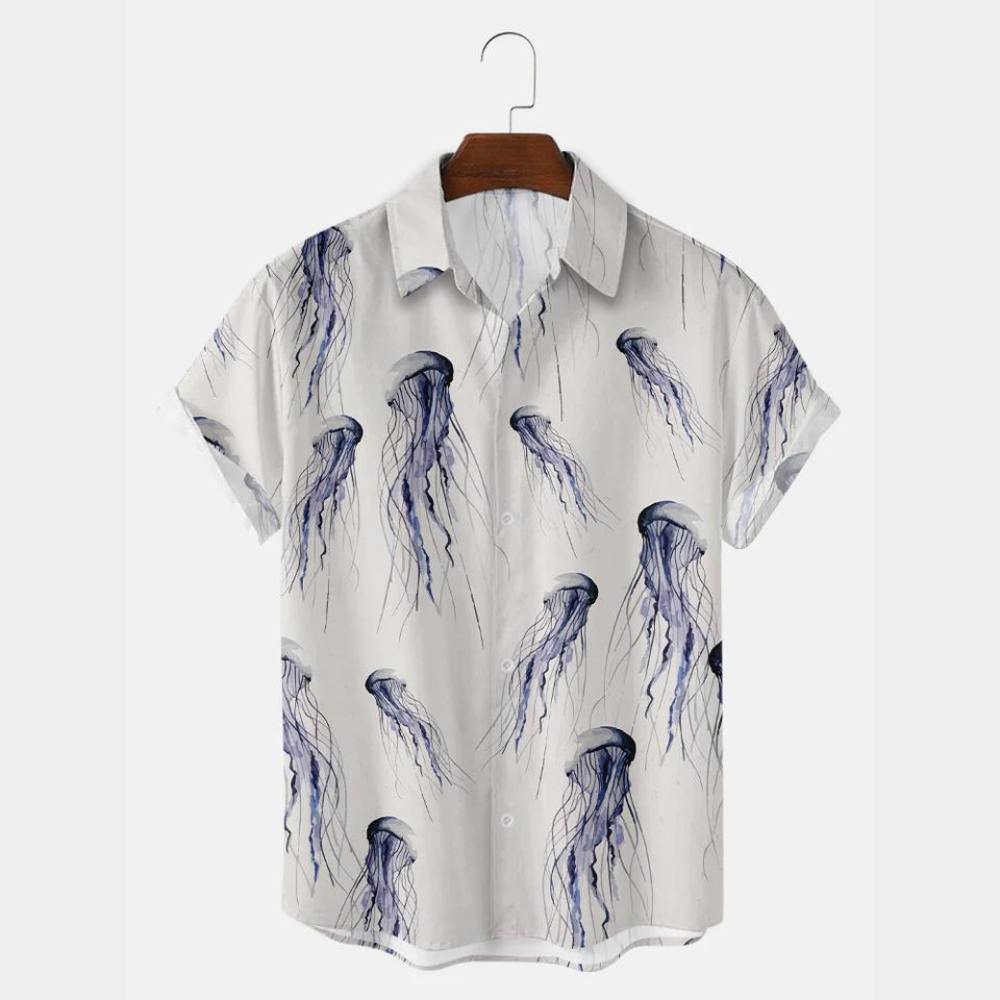 Blue Mysterious Jellyfishs In The Deep Sea - Hawaiian Shirt