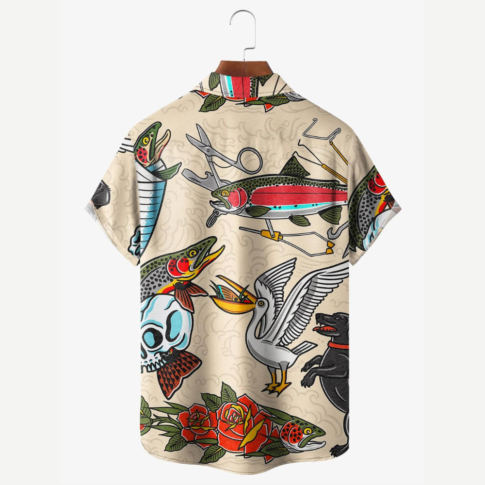 Vintage Fishes, Skull And Pelican Pattern - Gift For Fishing Lovers - Hawaiian Shirt