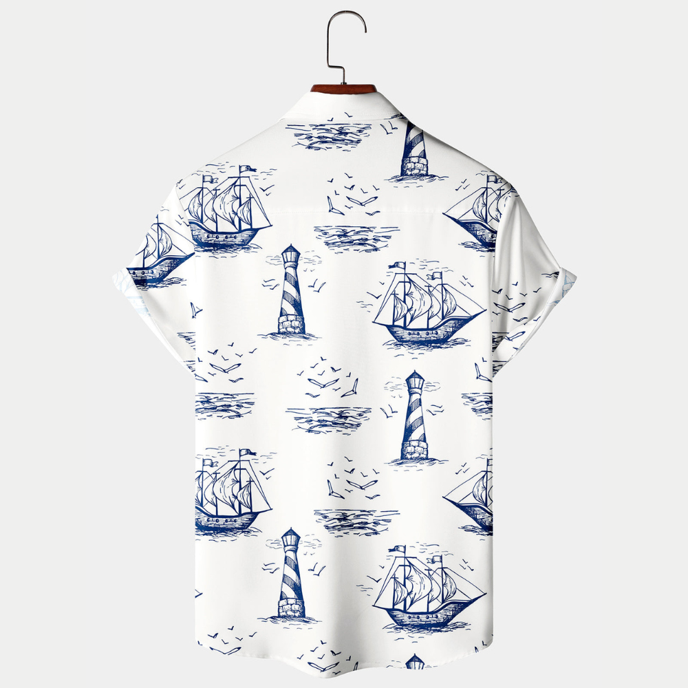 Blue Sailing, Lighthouse And Seagulls Pattern - Hawaiian Shirt