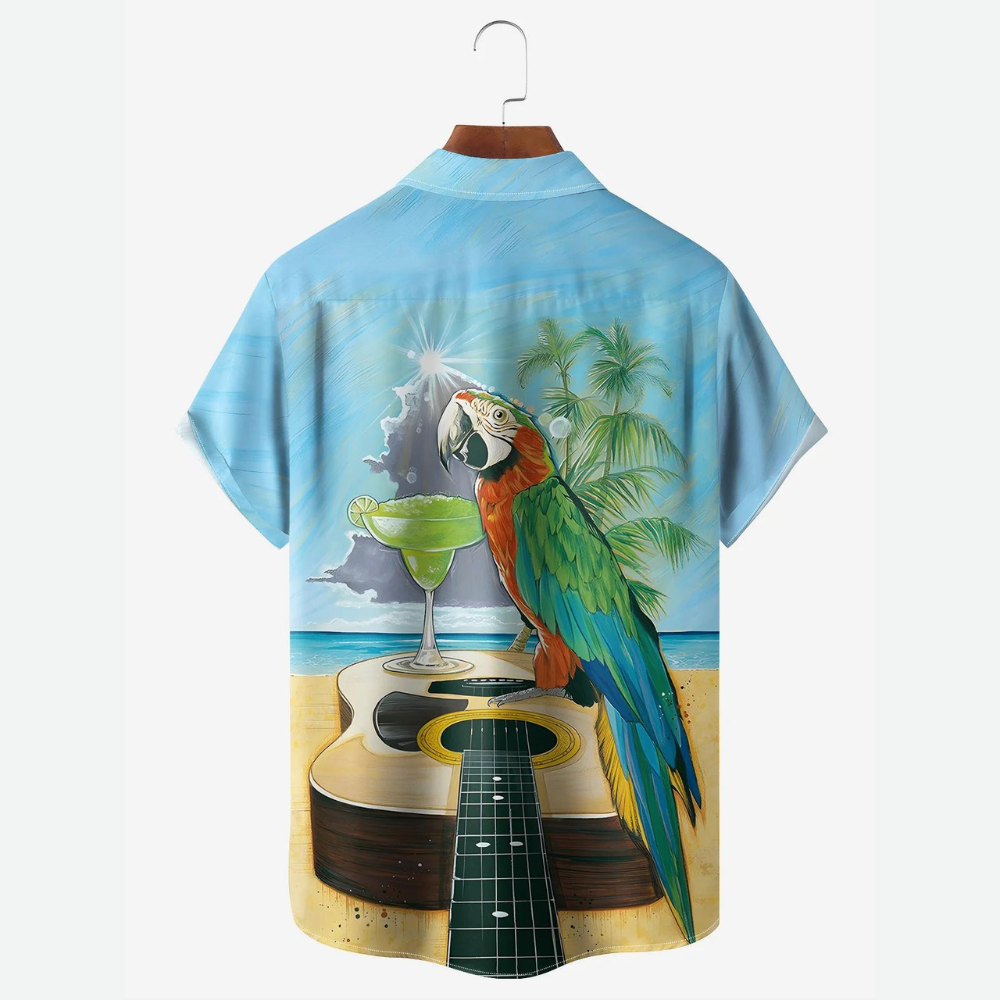 Parrot Let's Play Guitar And Drink Cocktail In Hawaii - Hawaiian Shirt