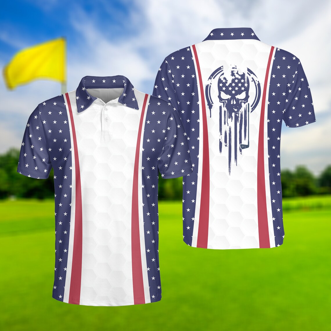 Patriotic Golf USA Flag Skull - Gift For Golf Lovers - Men Polo