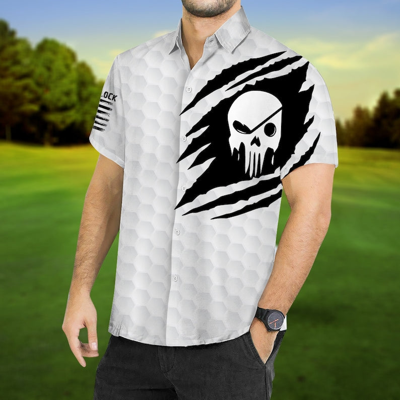 Custom Name White The Golf Skull - Gift For Golf Lovers - Personalized Hawaiian Shirt