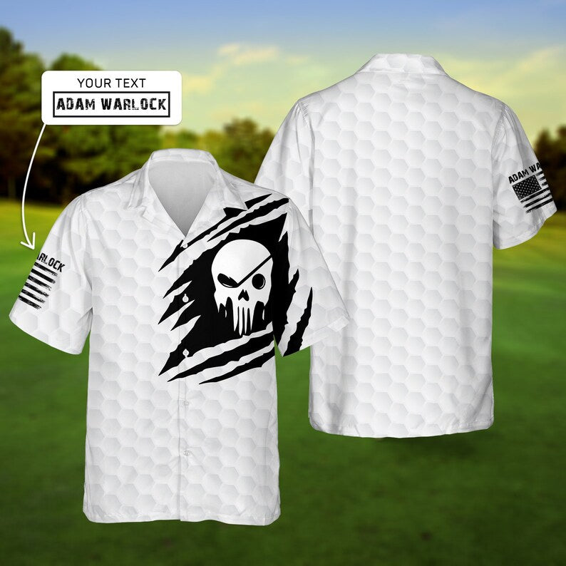 Custom Name White The Golf Skull - Gift For Golf Lovers - Personalized Hawaiian Shirt