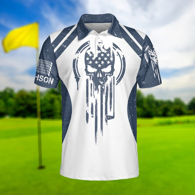 Skull Golf Flag Blue White - Gift For Golf Lovers - Personalized Men Polo