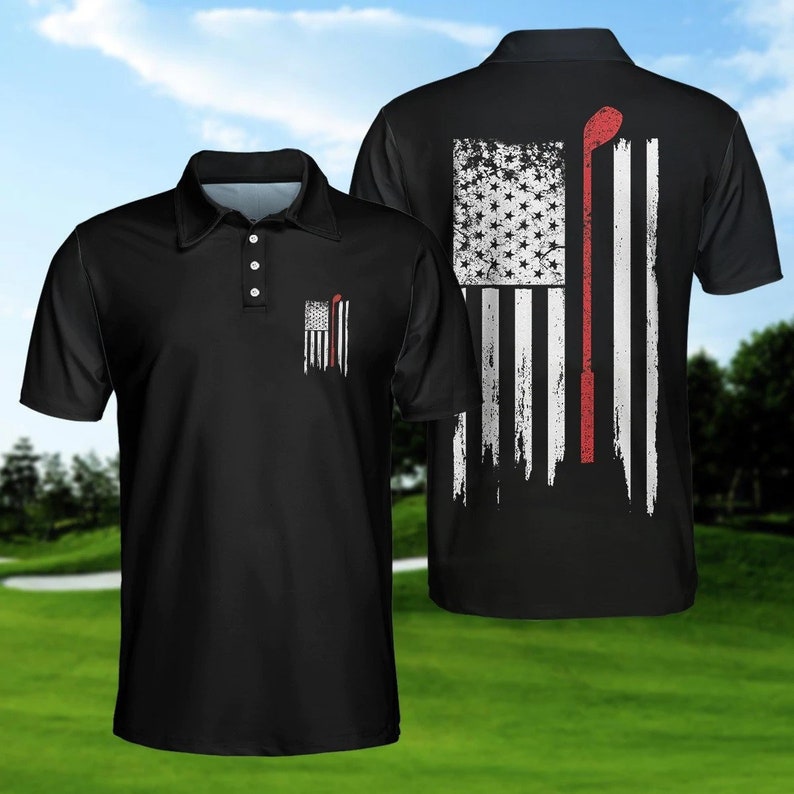 American Flag Red Only Golf Black - Gift For Golf Lovers - Men Polo