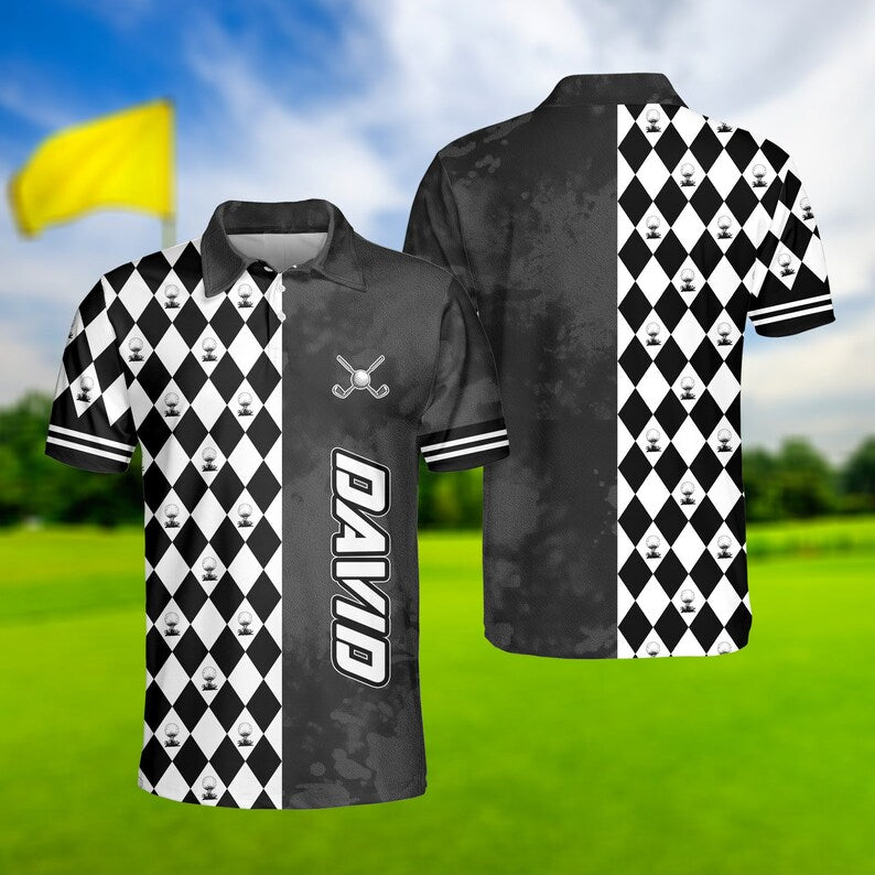 Custom Name Black And White Argyle - Gift For Golf Lovers - Personalized Men Polo