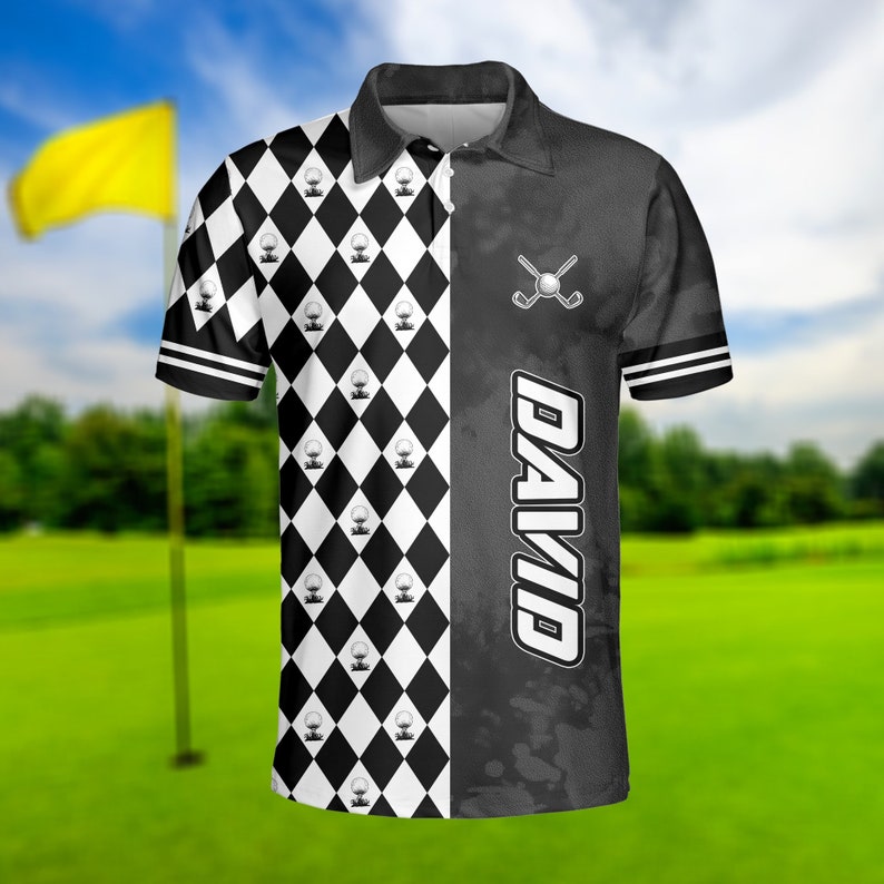 Custom Name Black And White Argyle - Gift For Golf Lovers - Personalized Men Polo