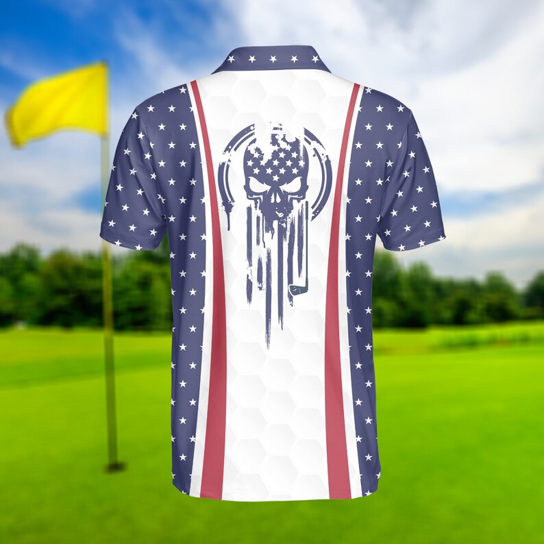 Patriotic Golf USA Flag Skull - Gift For Golf Lovers - Men Polo