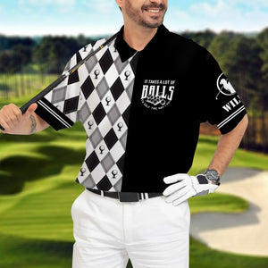 Black And White Argyle Pattern It Takes Balls - Gift For Golf Lovers - Personalized Men Polo