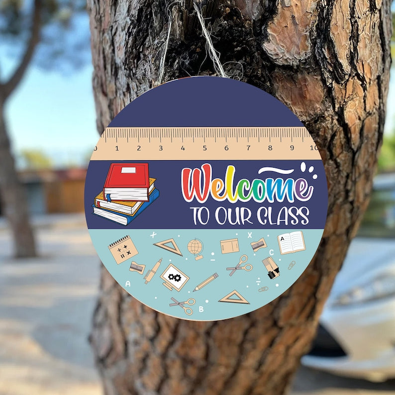 Personalized Welcome To Our Class Green And Blue Round Wood Sign