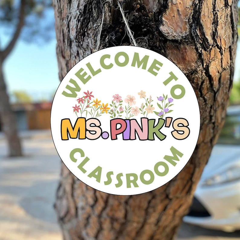 Personalized Welcome Teacher Rainbow Classroom Decor Round Wood Sign