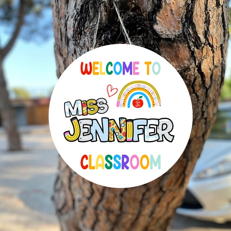 Personalized Welcome To Classroom White Apple Rainbow Round Wood Sign