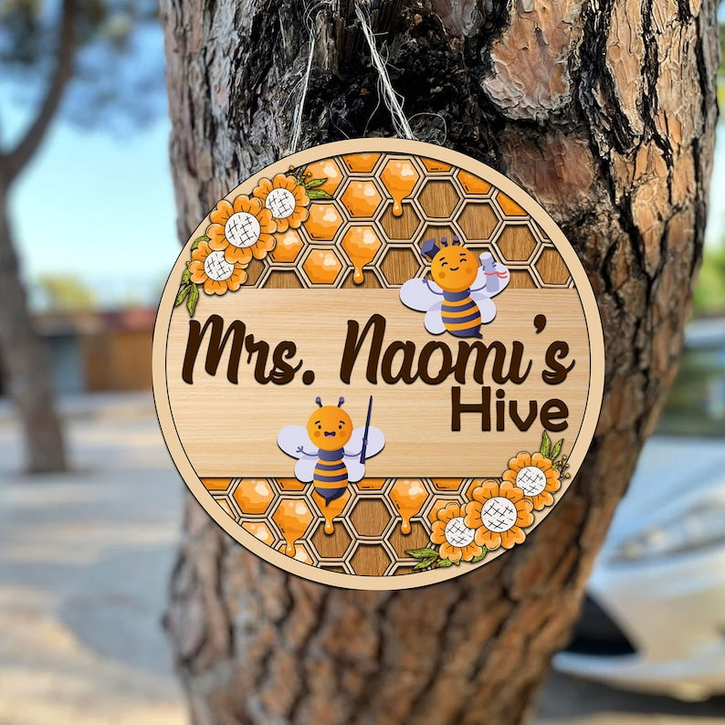 Personalized Custom Name Classroom Hive Of Bee Round Wood Sign