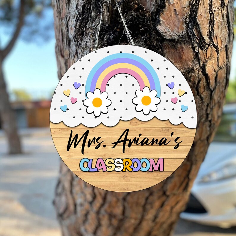 Personalized Welcome To Teacher Daisy Rainbow Round Wood Sign