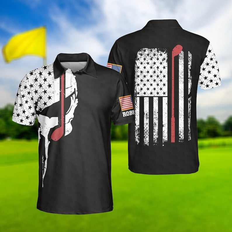 Skull American American Flag Patriotic - Gift For Golf Lovers - Men Polo