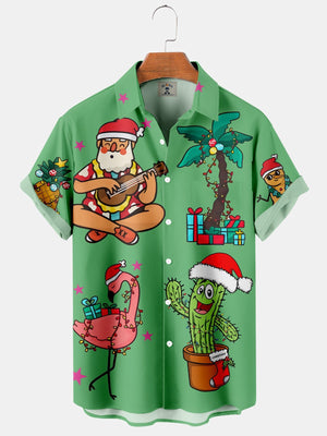 Funny Cartoon Santa Claus Flamingo Cactus - Hawaiian Shirt