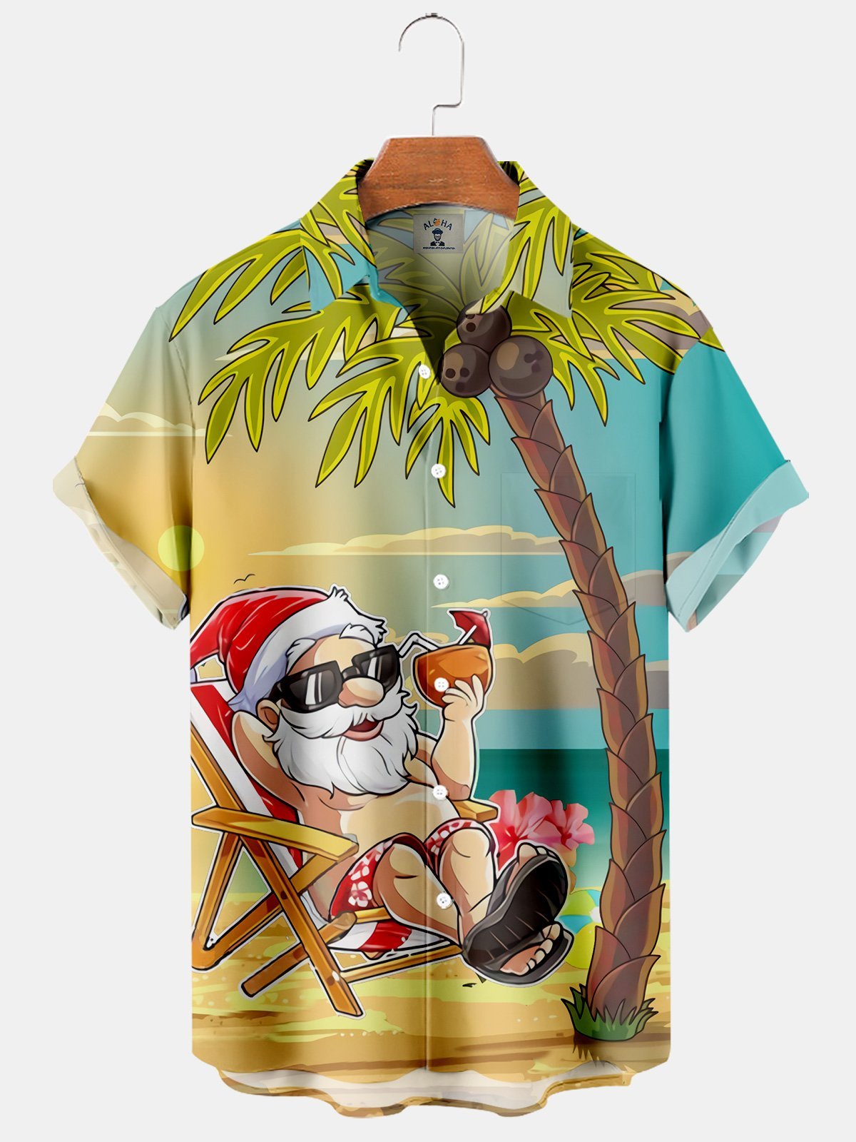 Christmas In Beach Santa Drinks A Coconut - Hawaiian Shirt