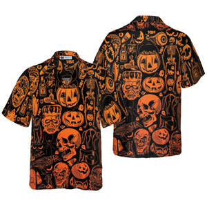 Scary Halloween Monsters Orange Pattern - Hawaiian Shirt