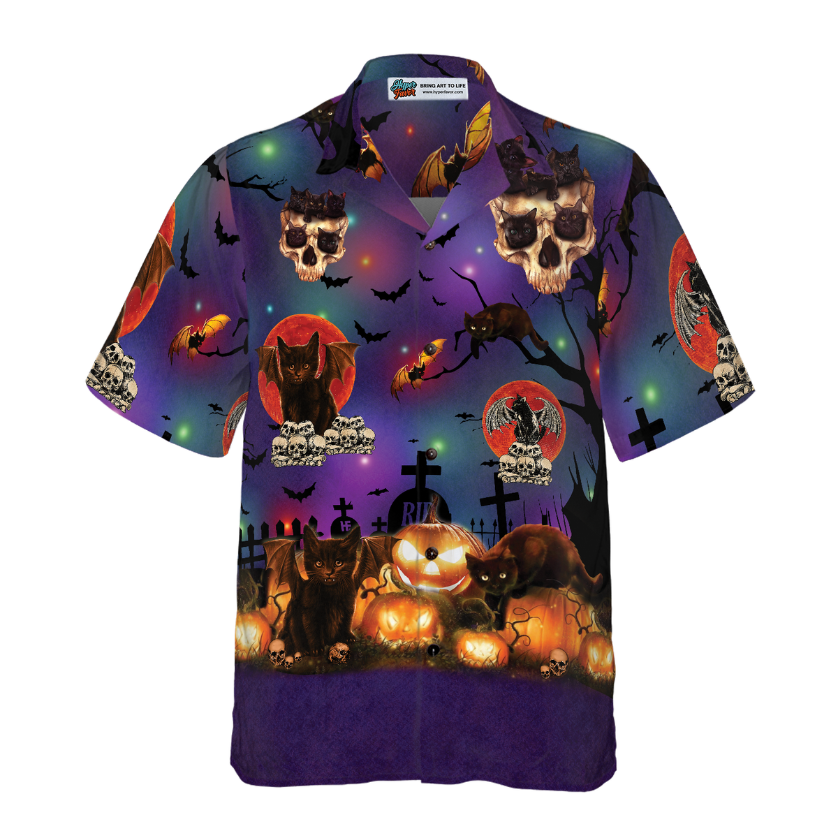 Black Cat Anh Skull Halloween - Hawaiian Shirt