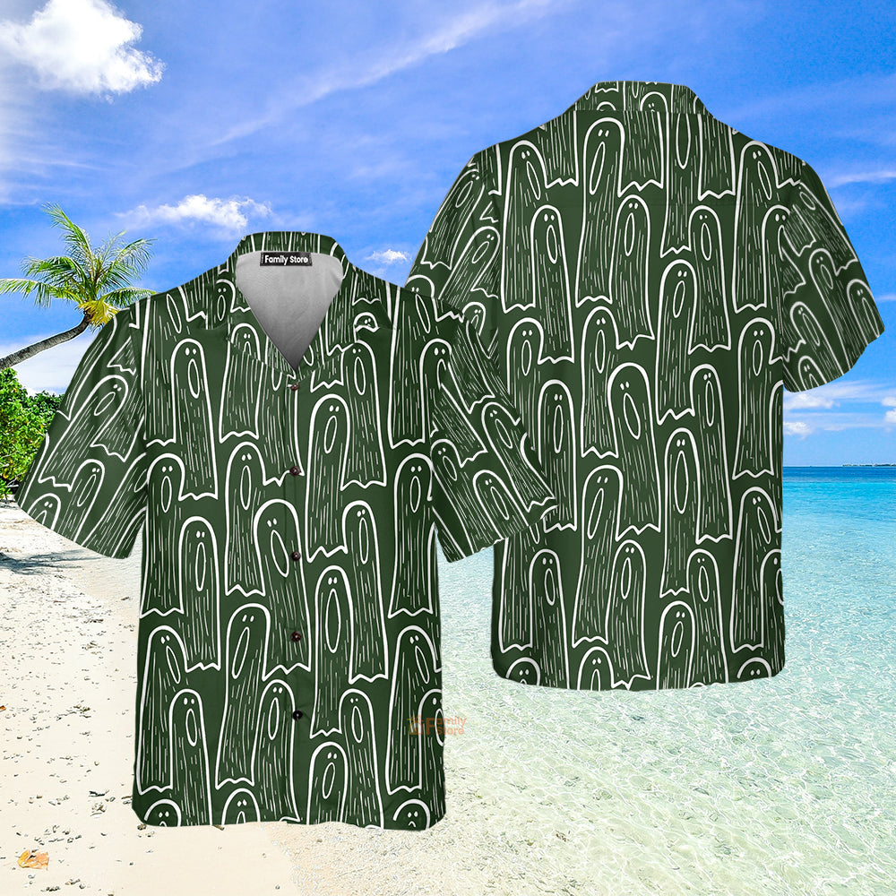 Men's Hawaiian Shirts Halloween Ghost Green Print Short Sleeve Shirt