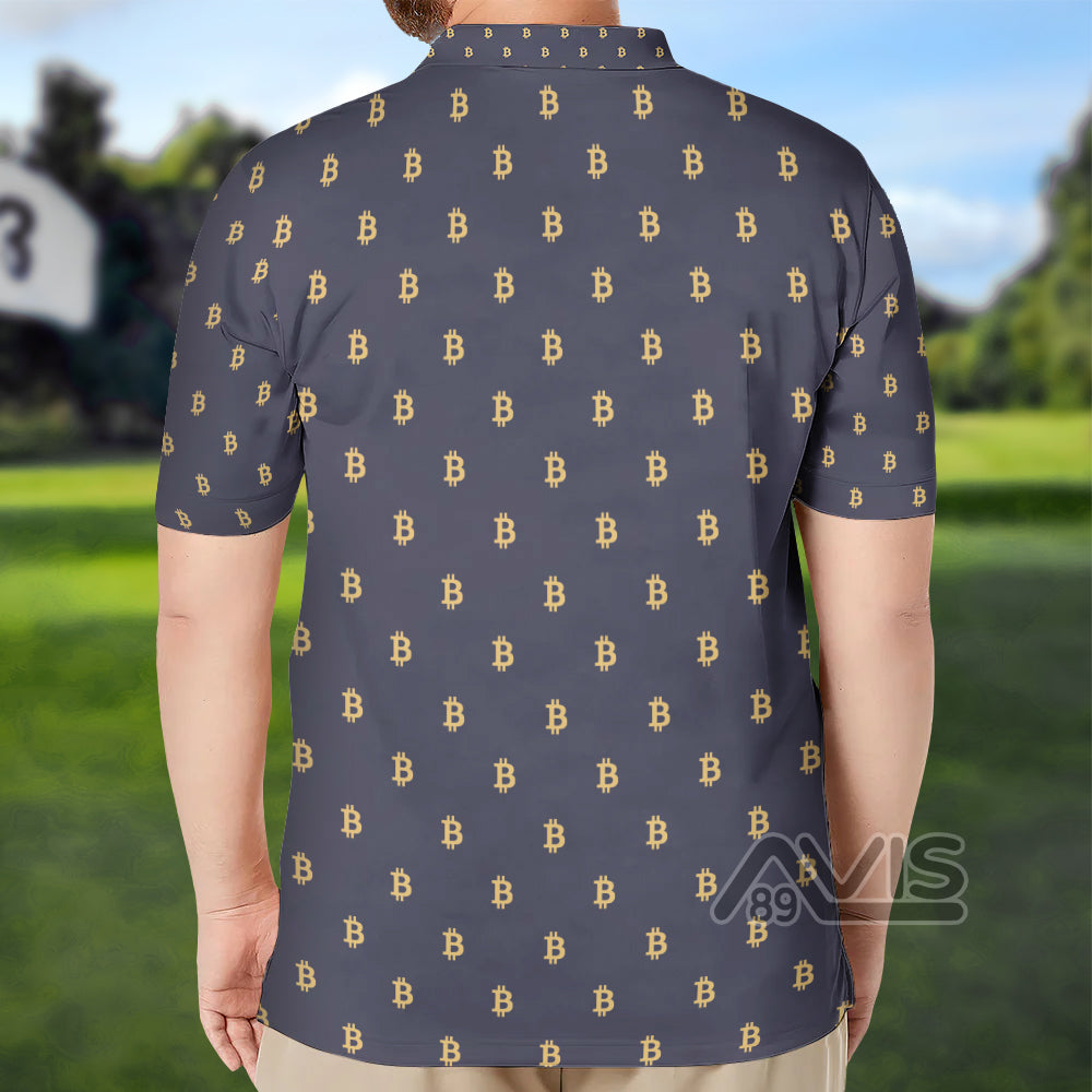 Avis89 QT206255La Seamless Pattern Sign Bitcoin Polo Shirt, Navy Blue And Gold Polo Shirt, Best Cryptocurrency Shirt For Men