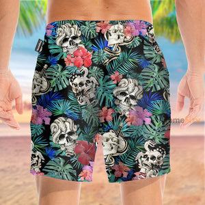 Skull And Snake In Green Leaves Pattern - Beach Shorts