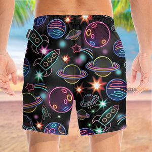 Glowing Space With Rainbow Star Neon - Beach Shorts