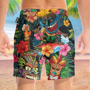 Tiki Awesome In Green Leaves Pattern - Beach Shorts