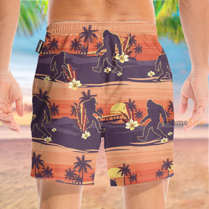 Tropical Sunset Silhouette Walking Bigfoot - Beach Shorts