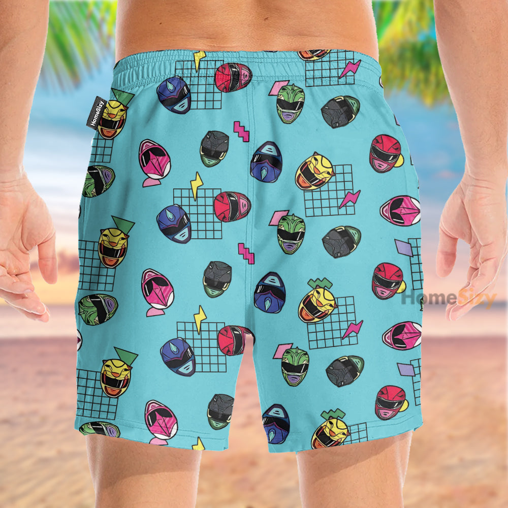 Retro Power Rangers Helmet Blue Pattern - Beach Shorts