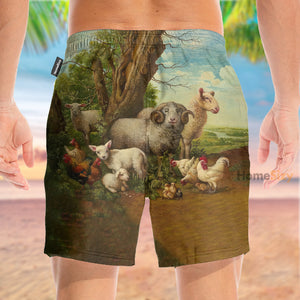 Sheep And Chickens Farming Animals - Beach Shorts