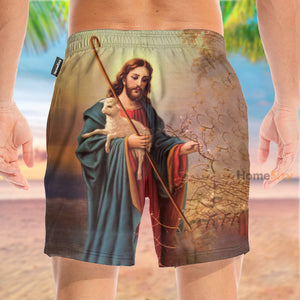 Jesus Hugging A Lamb - Beach Shorts