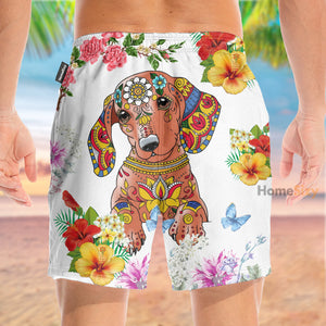 Dog And Flowers Tropical - Gift For Dog Lovers - Beach Shorts