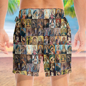 Virgin Mary Holding Baby Jesus Images Collage Out - Beach Shorts