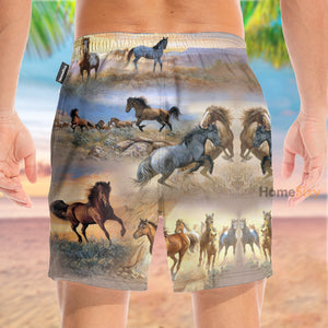 Beautiful Horses Running In Jungle - Beach Shorts