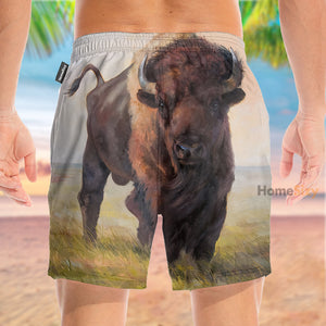 Bison In Field Funny Tropical - Beach Shorts