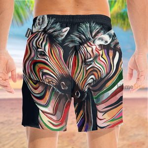 Zebra Couple Coloful In Black - Beach Shorts