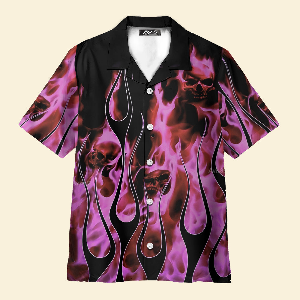 Avis89 Casual Light Pink Flame Skull Print Aloha Shirt