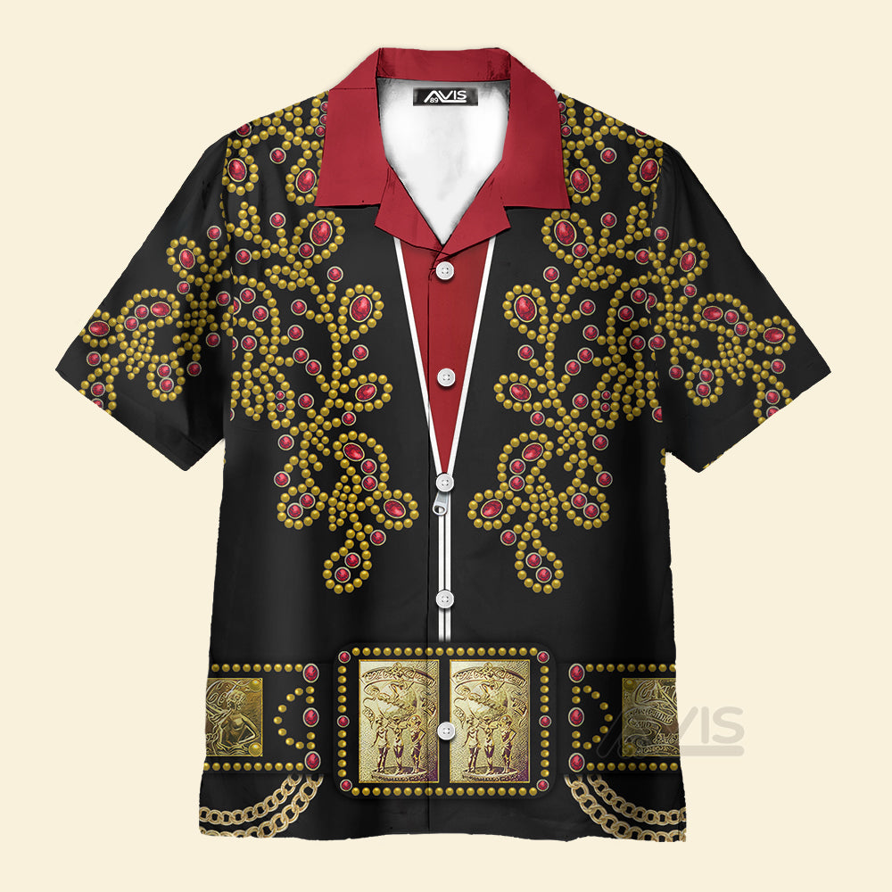 Avis89 Elvis Spanish Flower Black With Red Stones - Costume Cosplay Hawaiian Shirt ELHS39