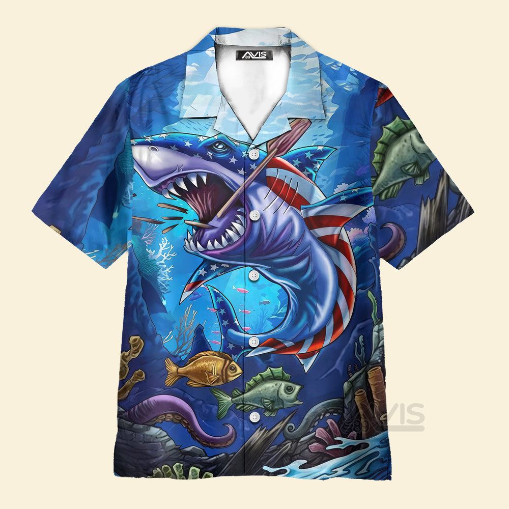 Avis89 Angry Shark The US Flag - Hawaiian Shirt