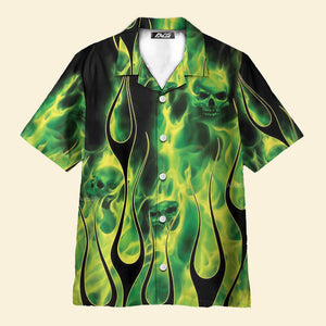 Casual Green Flame Skull Print Aloha Shirt