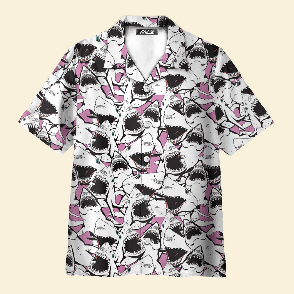 Avis89 Shark Pattern White Pink - For Men And Women - Hawaiian Shirt