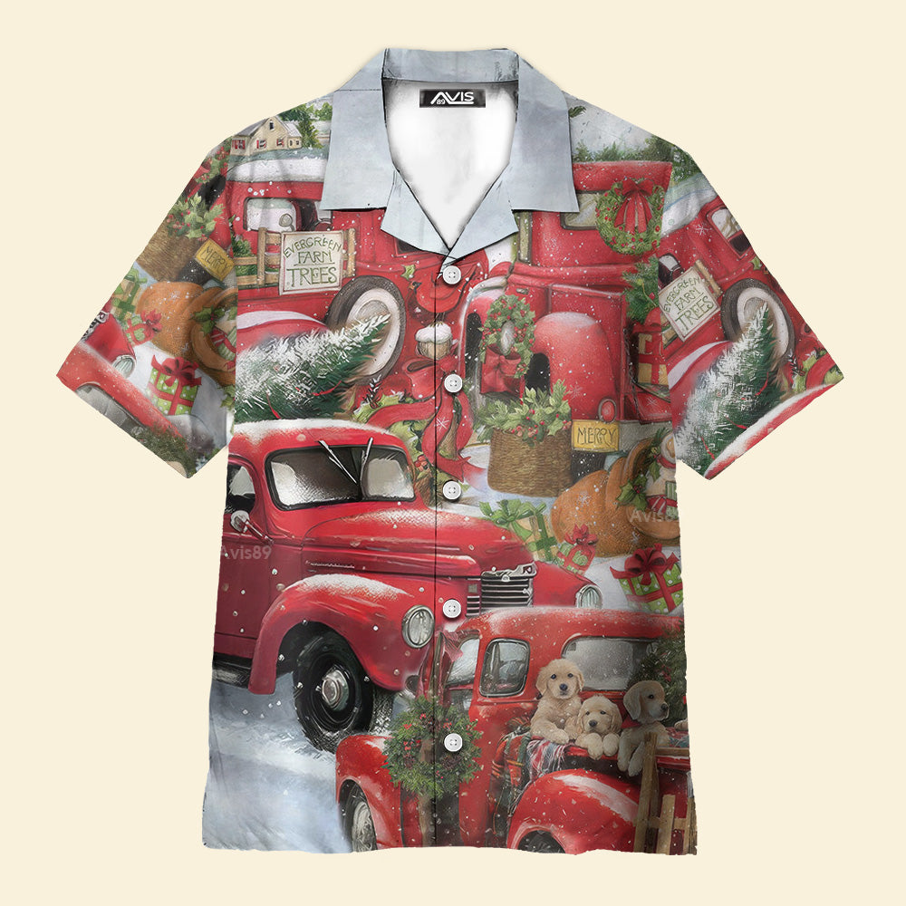 Christmas Red Truck With Xmas Tree And Little Puppy - Hawaiian Shirt