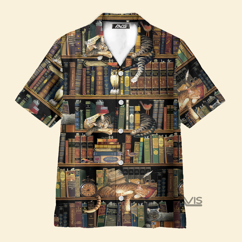 Avis89 Book And Cat Vintage - Gift For Cat Lovers - Hawaiian Shirt