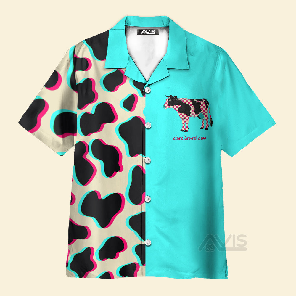 Avis89 Checkered Cow Pattern Cream And Blue - Hawaiian Shirt